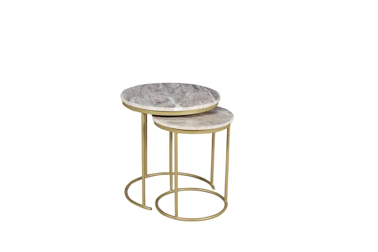 Set of Two Brown Gray and Gold Marble and Metal Round Nested Tables