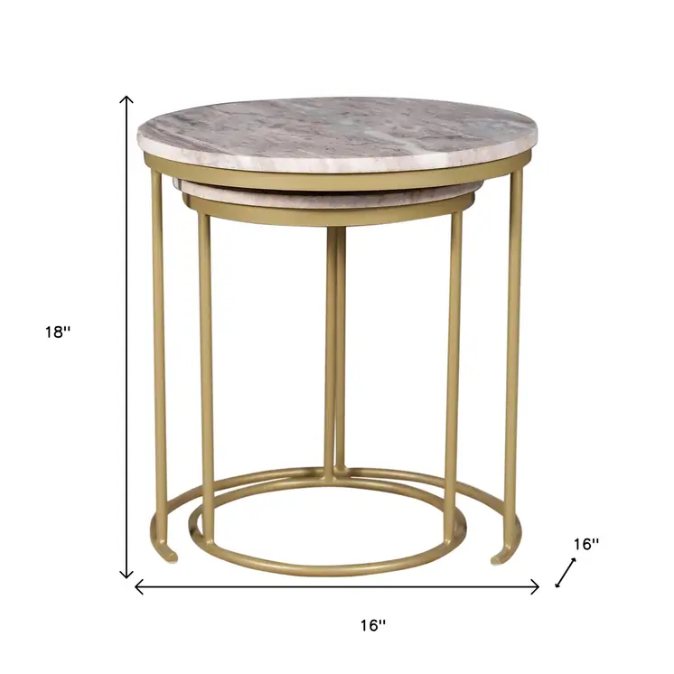 Set of Two Brown Gray and Gold Marble and Metal Round Nested Tables