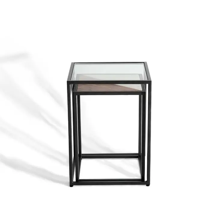 Set of Two Clear and Black Glass and Metal Square Frame Nested Tables