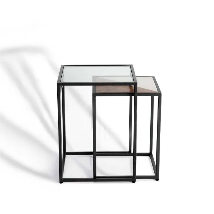 Set of Two Clear and Black Glass and Metal Square Frame Nested Tables