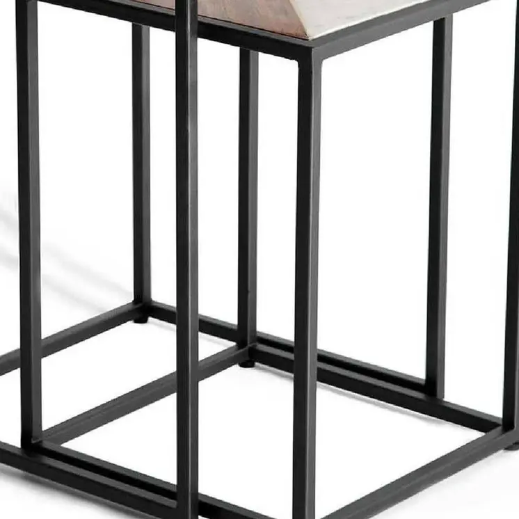 Set of Two Clear and Black Glass and Metal Square Frame Nested Tables