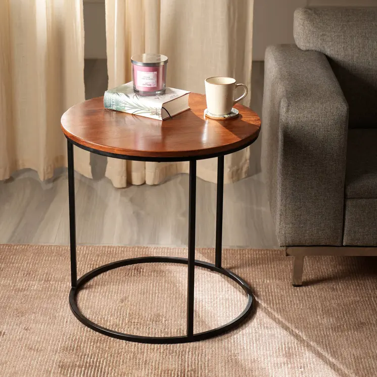 22" Brown and Black Reclaimed Wood and Metal Round Frame End Table