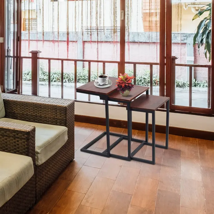 Set of Three Dark Brown and Black Reclaimed Wood and Metal Square Nested Tables