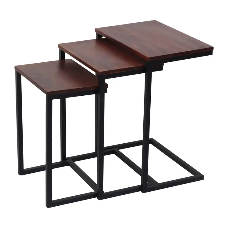 Set of Three Dark Brown and Black Reclaimed Wood and Metal Square Nested Tables