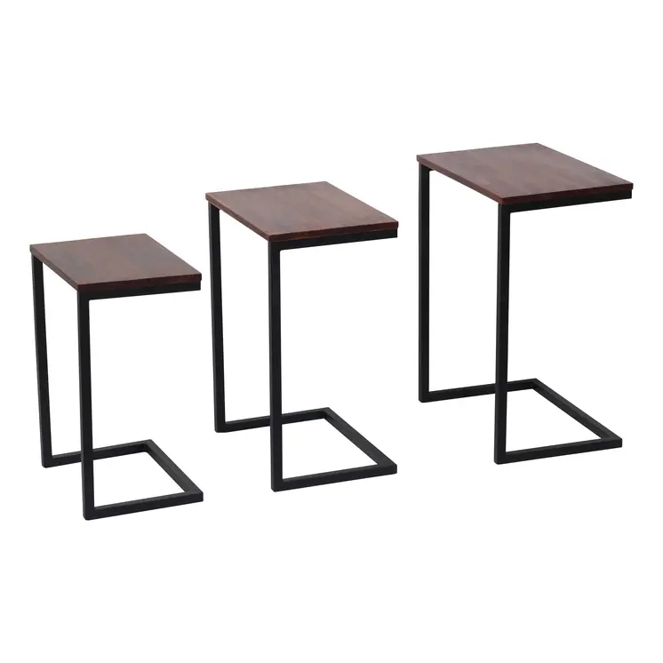 Set of Three Dark Brown and Black Reclaimed Wood and Metal Square Nested Tables