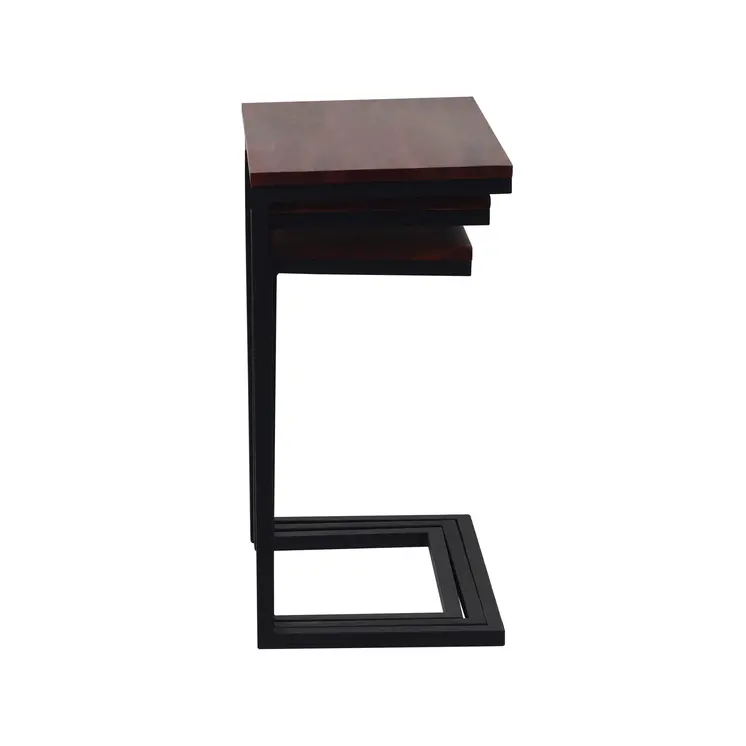 Set of Three Dark Brown and Black Reclaimed Wood and Metal Square Nested Tables
