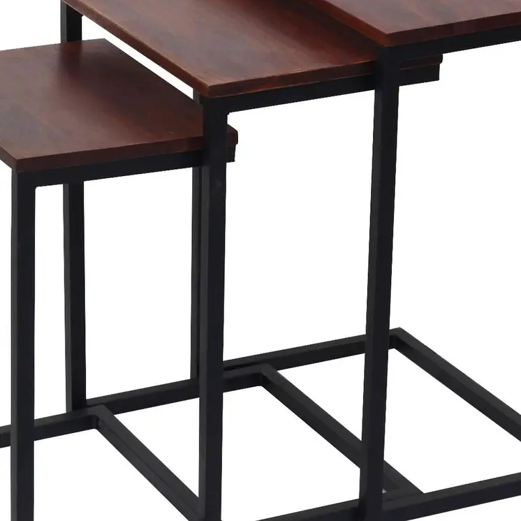 Set of Three Dark Brown and Black Reclaimed Wood and Metal Square Nested Tables