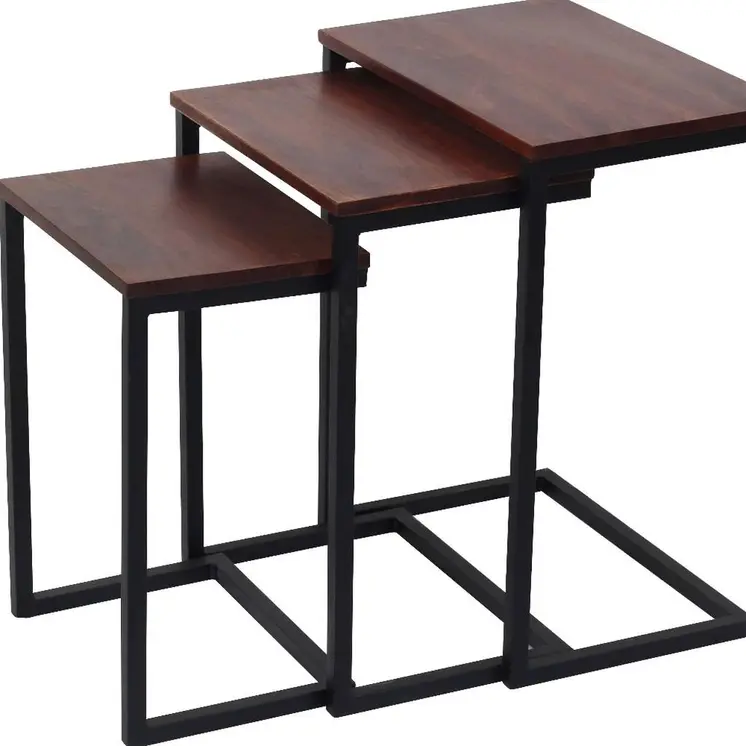 Set of Three Dark Brown and Black Reclaimed Wood and Metal Square Nested Tables
