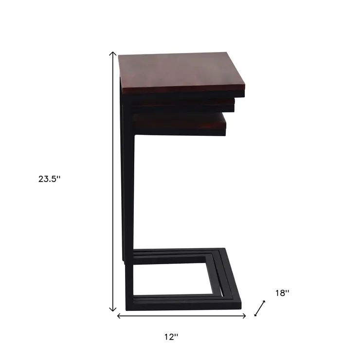 Set of Three Dark Brown and Black Reclaimed Wood and Metal Square Nested Tables