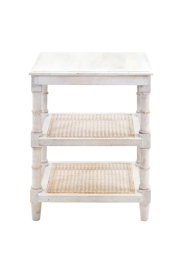 24" Antiqued White Solid Wood End Table With Two Shelves