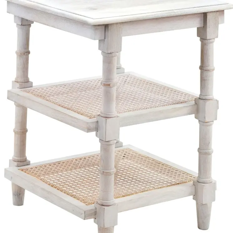 24" Antiqued White Solid Wood End Table With Two Shelves