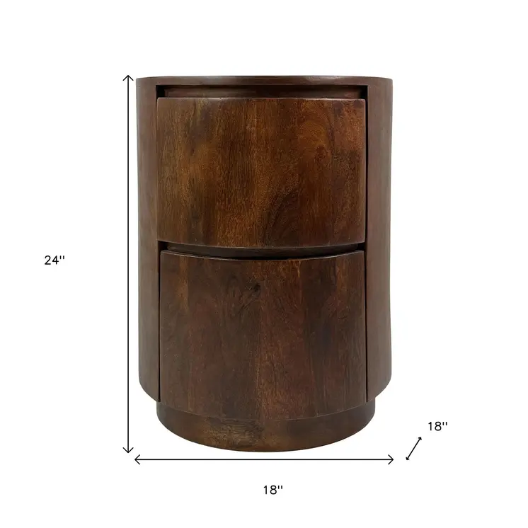 24" Chestnut Solid Wood Round Drum End Table With Two Drawers