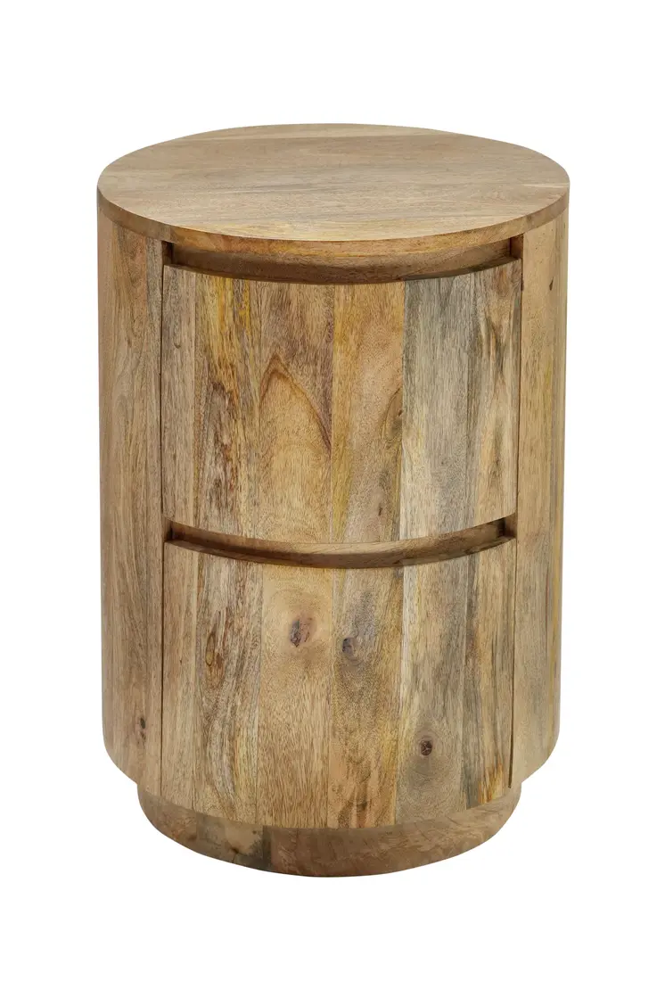 24" Natural Solid Wood Round Drum End Table With Two Drawers