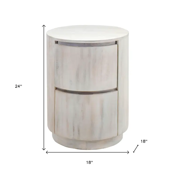 24" White Solid Wood Round Drum End Table With Two Drawers
