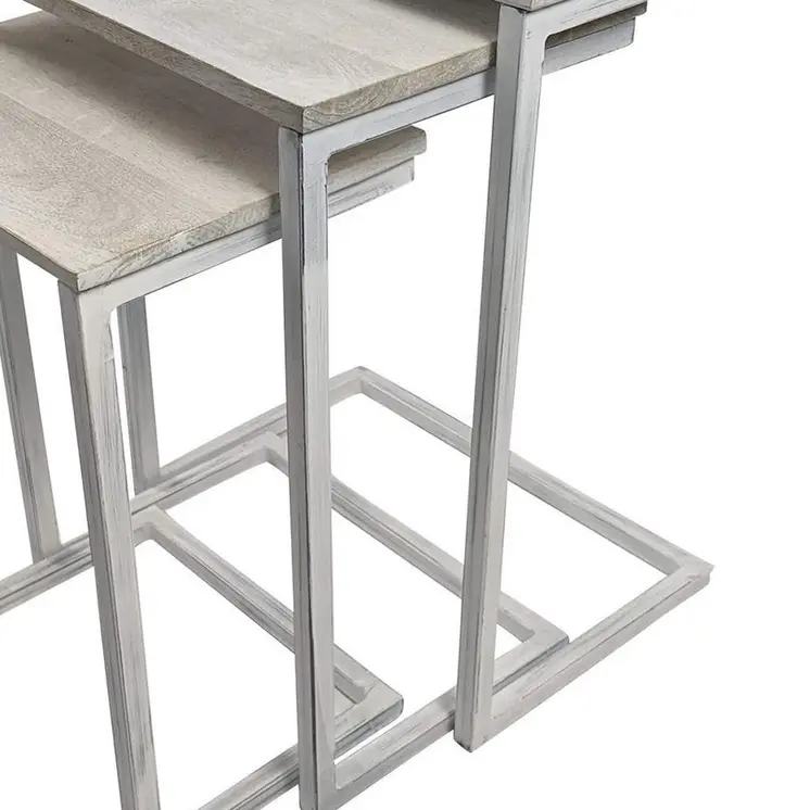 Set of Three Antiqued White Solid Wood and Steel Frame Nested Tables