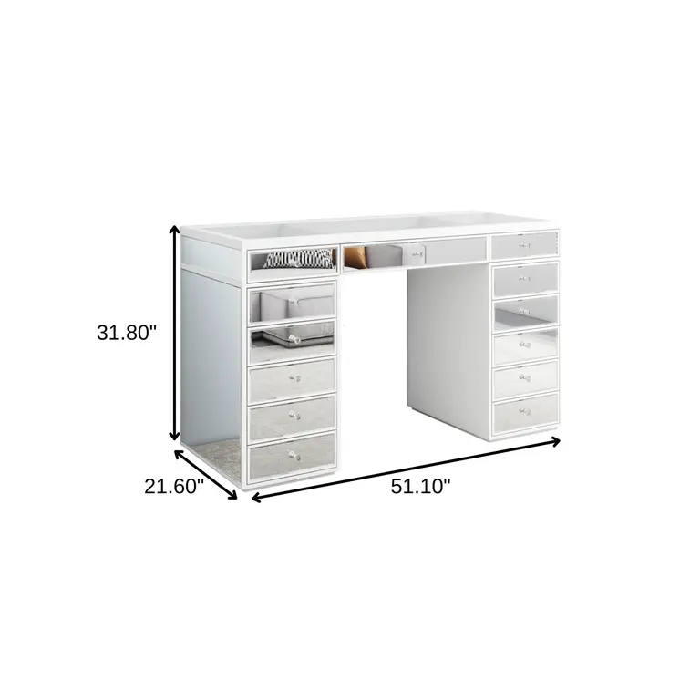 51" White Wood Mirrored Glass And Clear Glass Thirteen Drawer Vanity Table