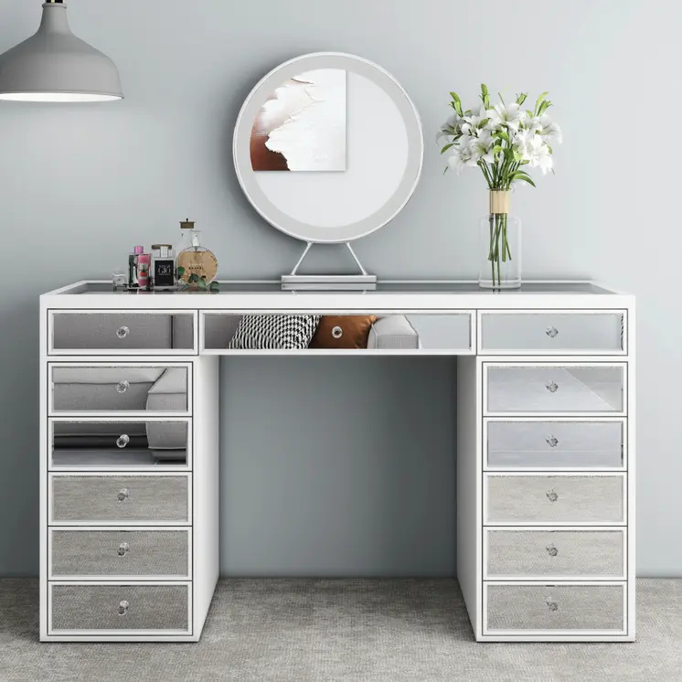 51" White Wood Mirrored Glass And Clear Glass Thirteen Drawer Vanity Table