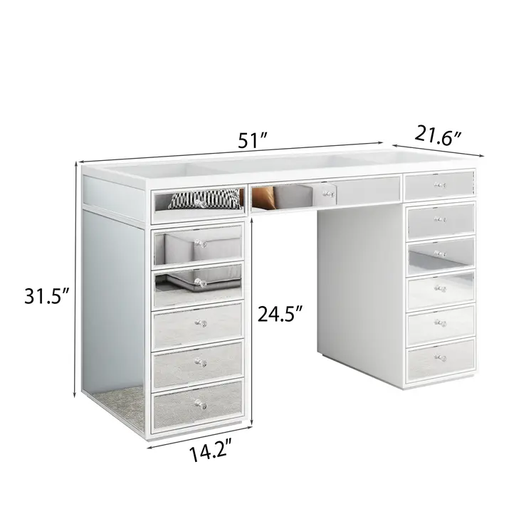 51" White Wood Mirrored Glass And Clear Glass Thirteen Drawer Vanity Table