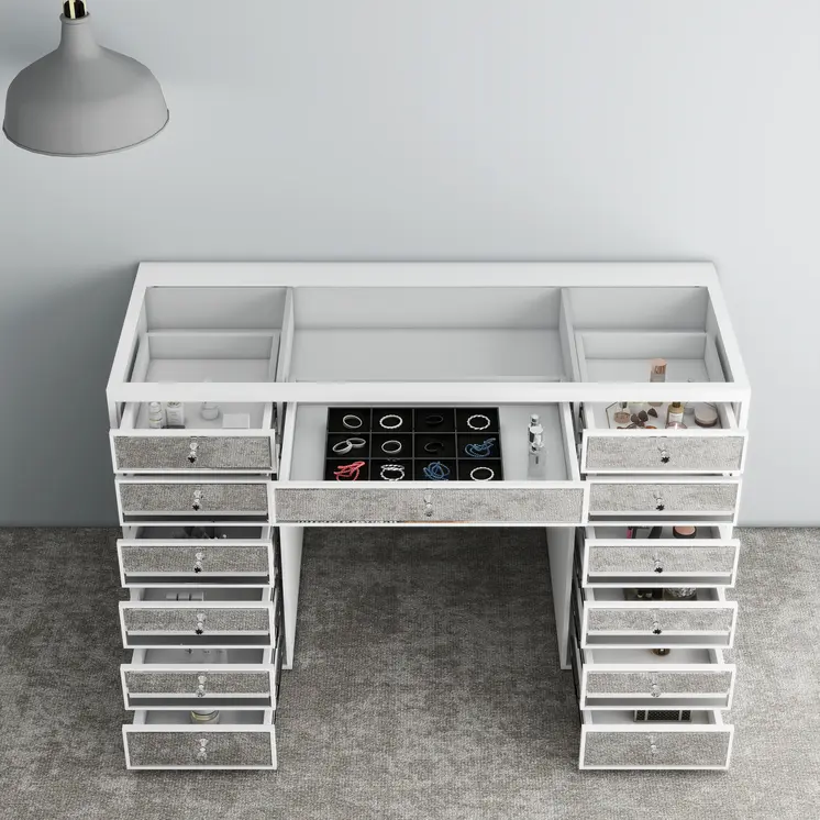 51" White Wood Mirrored Glass And Clear Glass Thirteen Drawer Vanity Table