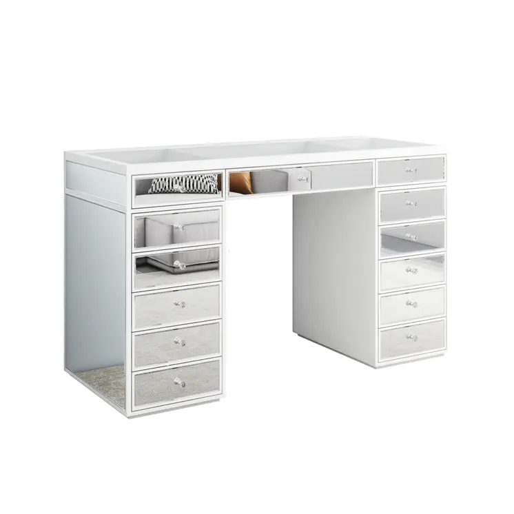 51" White Wood Mirrored Glass And Clear Glass Thirteen Drawer Vanity Table