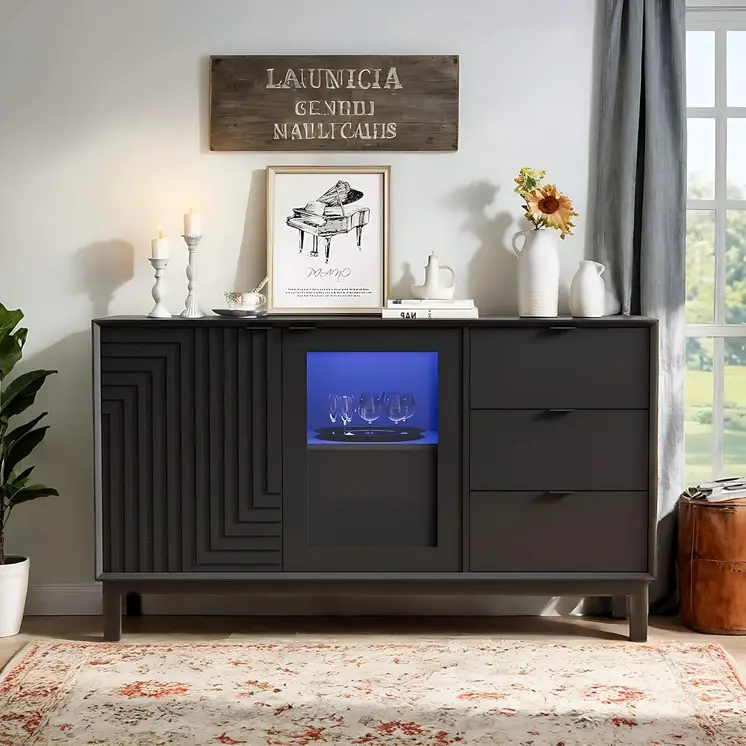 31" Black Wood Accent Cabinet With LED With Single Door And Three Drawers