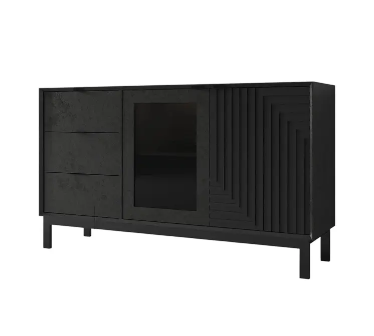 31" Black Wood Accent Cabinet With LED With Single Door And Three Drawers
