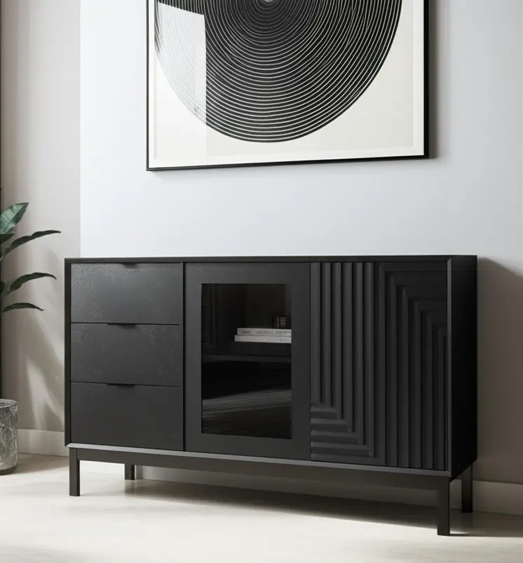31" Black Wood Accent Cabinet With LED With Single Door And Three Drawers
