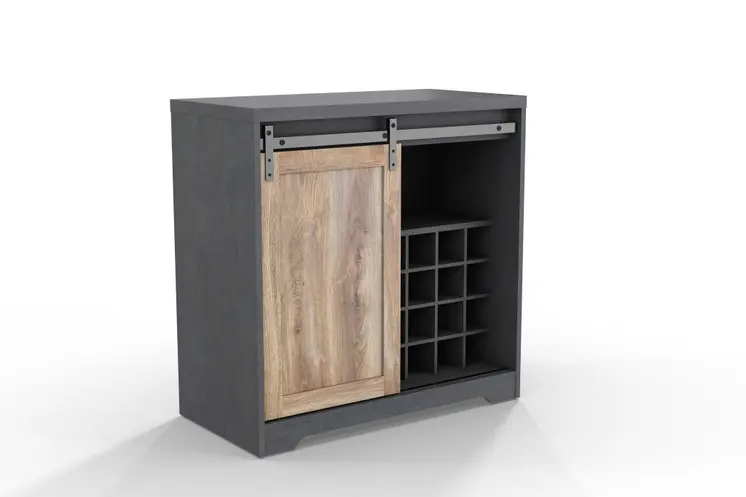32" Charcoal And Natural Wood Barn Door Bar Cabinet