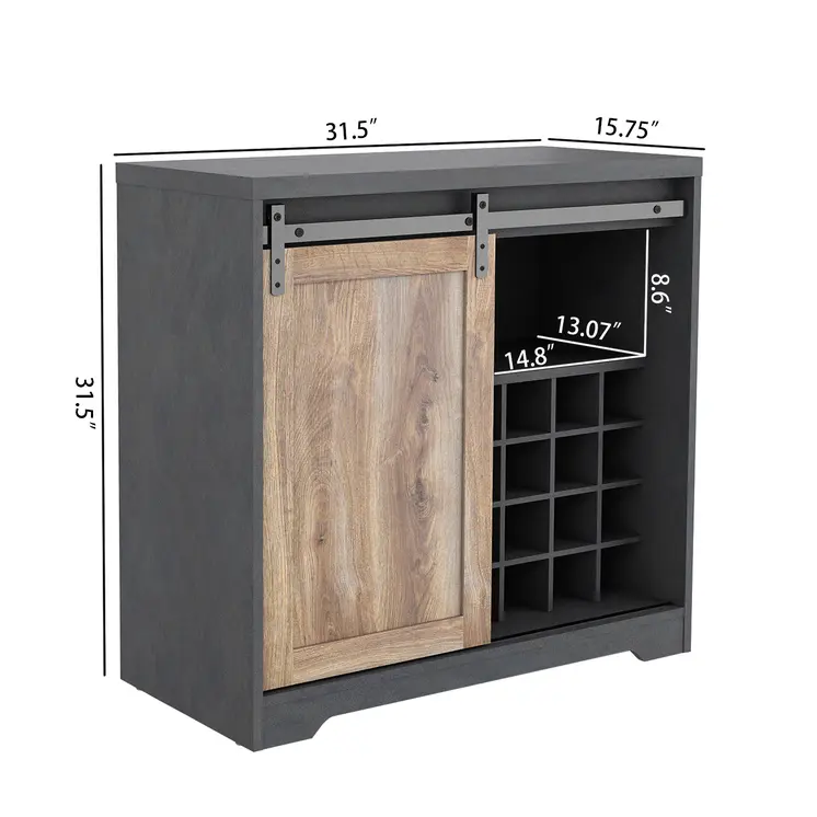 32" Charcoal And Natural Wood Barn Door Bar Cabinet