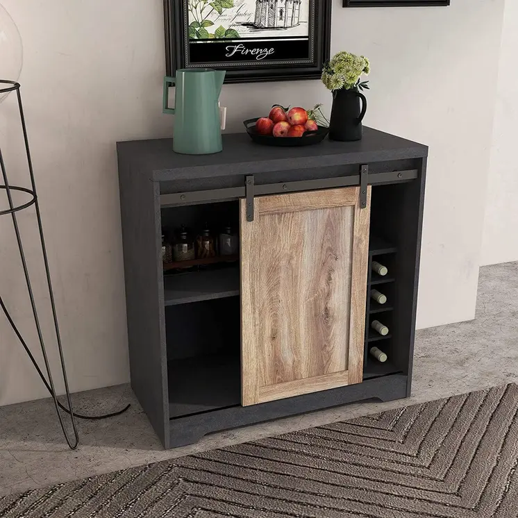 32" Charcoal And Natural Wood Barn Door Bar Cabinet