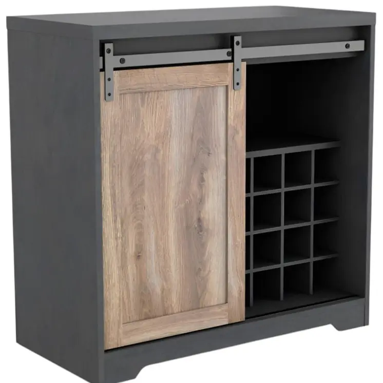 32" Charcoal And Natural Wood Barn Door Bar Cabinet