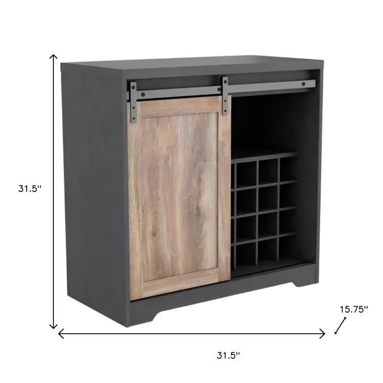 32" Charcoal And Natural Wood Barn Door Bar Cabinet