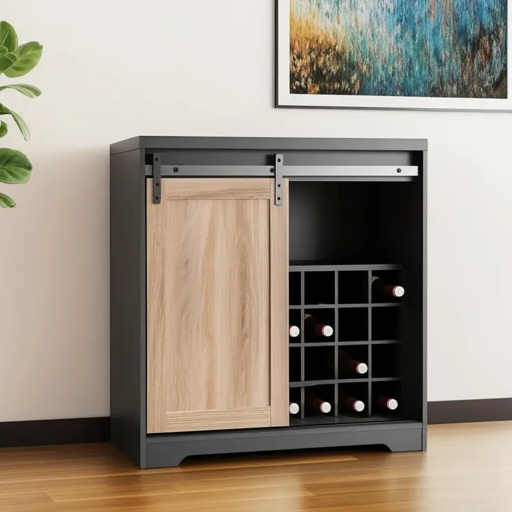 32" Charcoal And Natural Wood Barn Door Bar Cabinet