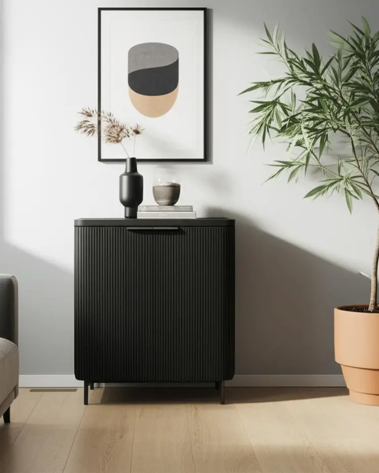 35" Black Wood Textured Door Accent Cabinet With Two Doors
