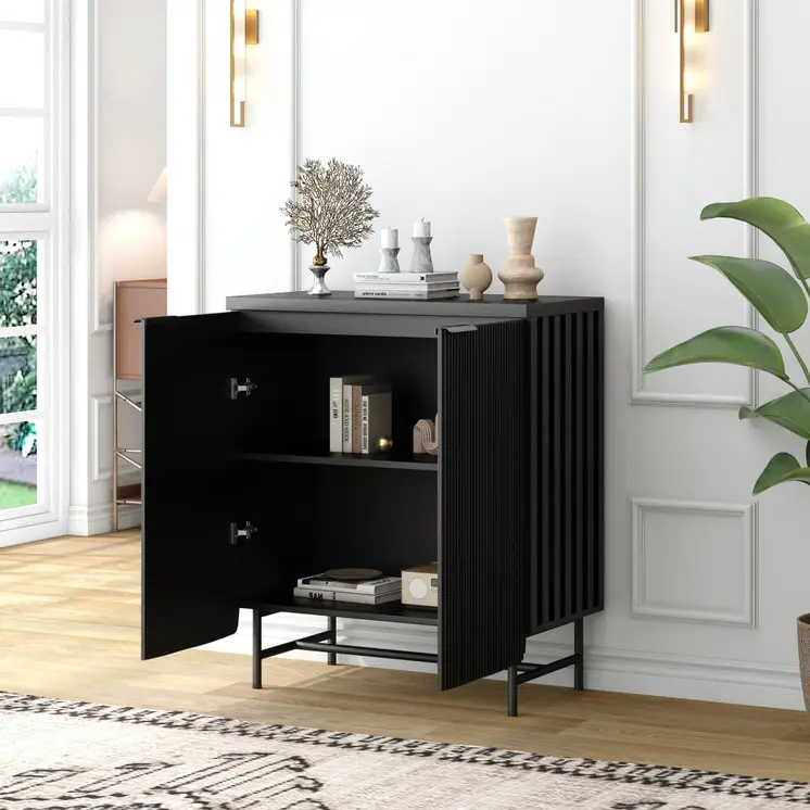 35" Black Wood Textured Door Accent Cabinet With Two Doors