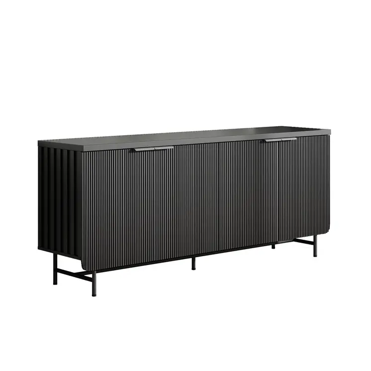 68" Black Wood Ribbed Texture Sideboard with Four Doors