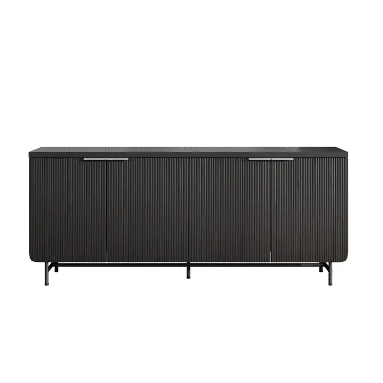 68" Black Wood Ribbed Texture Sideboard with Four Doors