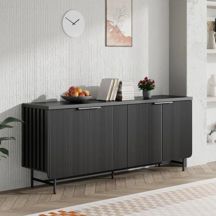 68" Black Wood Ribbed Texture Sideboard with Four Doors