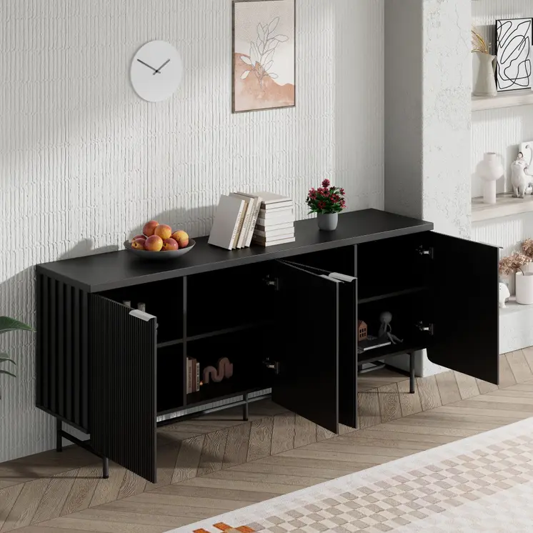68" Black Wood Ribbed Texture Sideboard with Four Doors