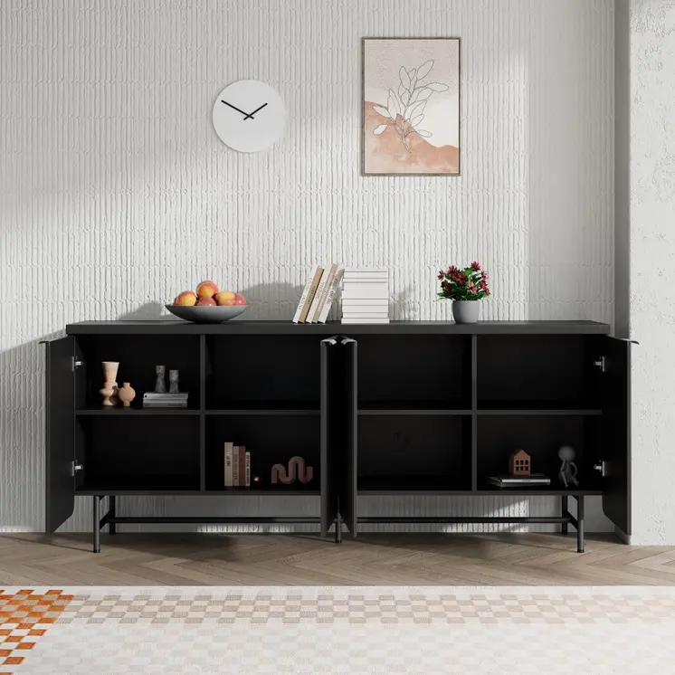 68" Black Wood Ribbed Texture Sideboard with Four Doors