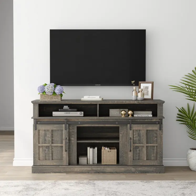 58" Oak Wood Enclosed and Open Storage TV Stand
