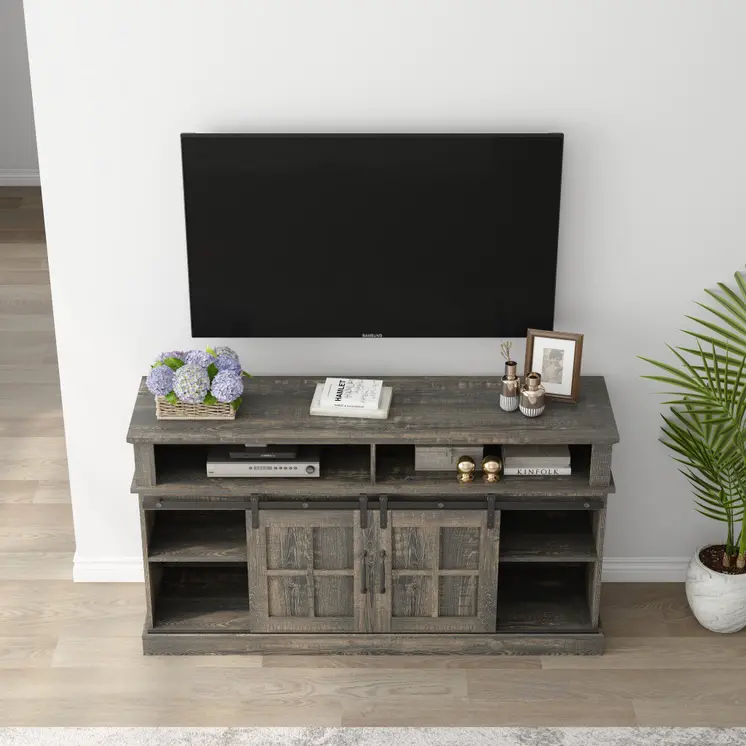 58" Oak Wood Enclosed and Open Storage TV Stand