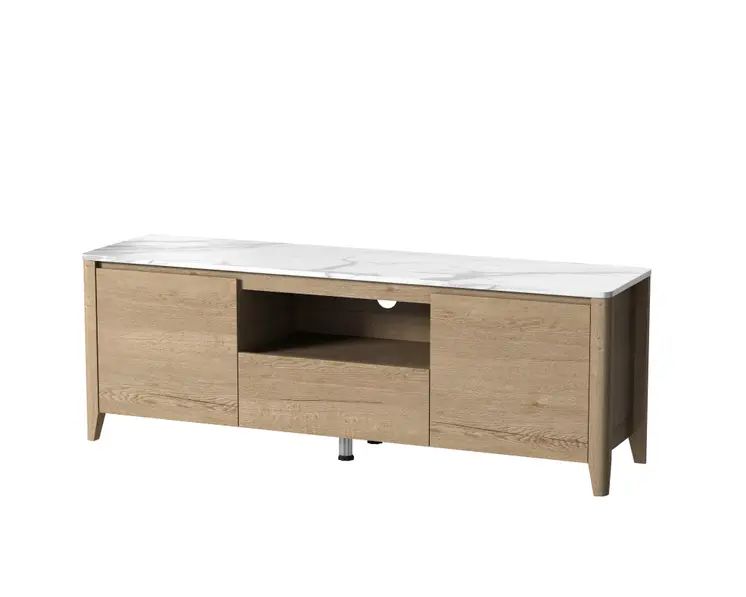 58" Natural And White Faux Marble And Wood Enclosed and Open Storage TV Stand