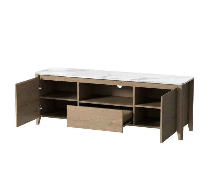 58" Natural And White Faux Marble And Wood Enclosed and Open Storage TV Stand