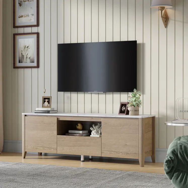 58" Natural And White Faux Marble And Wood Enclosed and Open Storage TV Stand