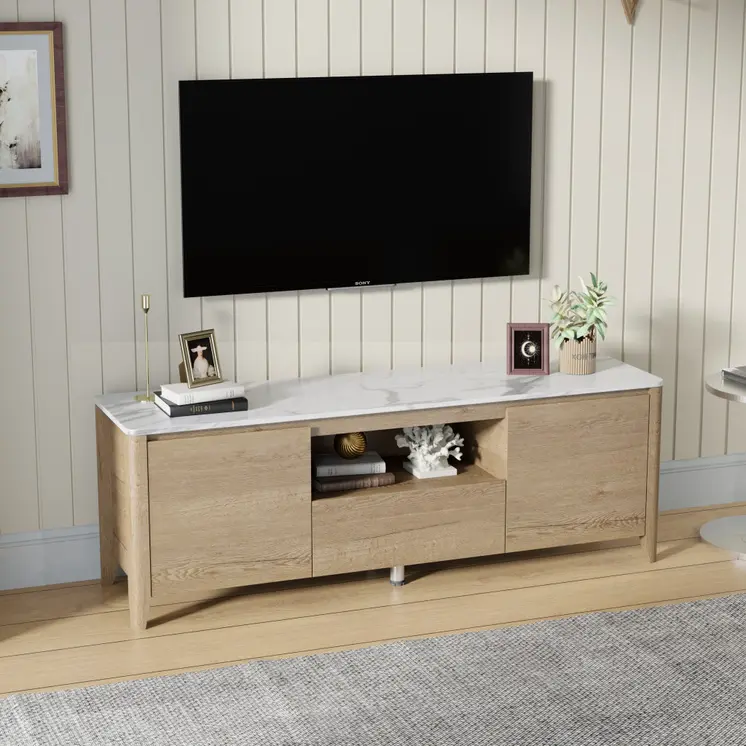 58" Natural And White Faux Marble And Wood Enclosed and Open Storage TV Stand