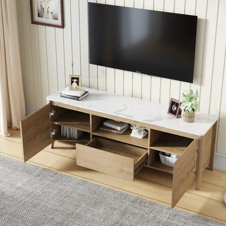58" Natural And White Faux Marble And Wood Enclosed and Open Storage TV Stand