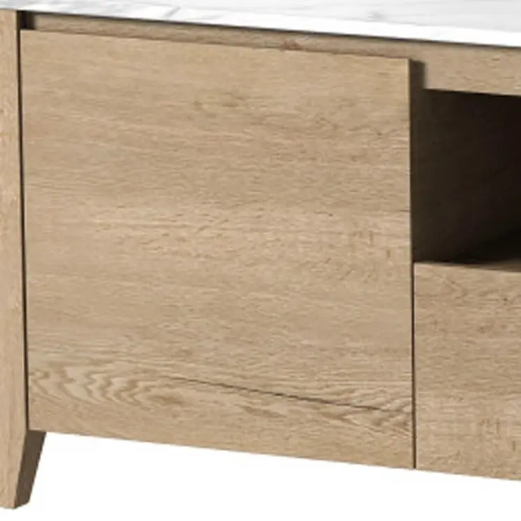 58" Natural And White Faux Marble And Wood Enclosed and Open Storage TV Stand