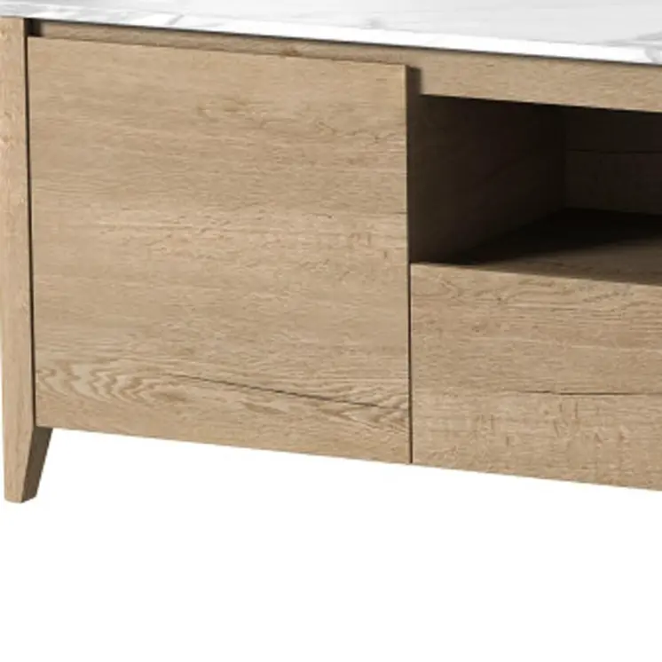 58" Natural And White Faux Marble And Wood Enclosed and Open Storage TV Stand