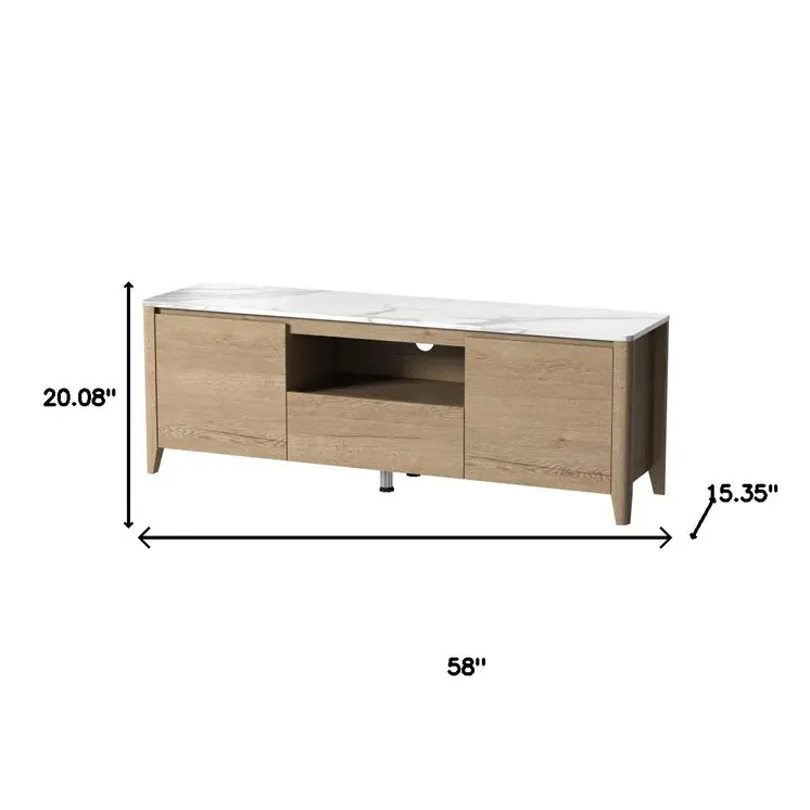 58" Natural And White Faux Marble And Wood Enclosed and Open Storage TV Stand